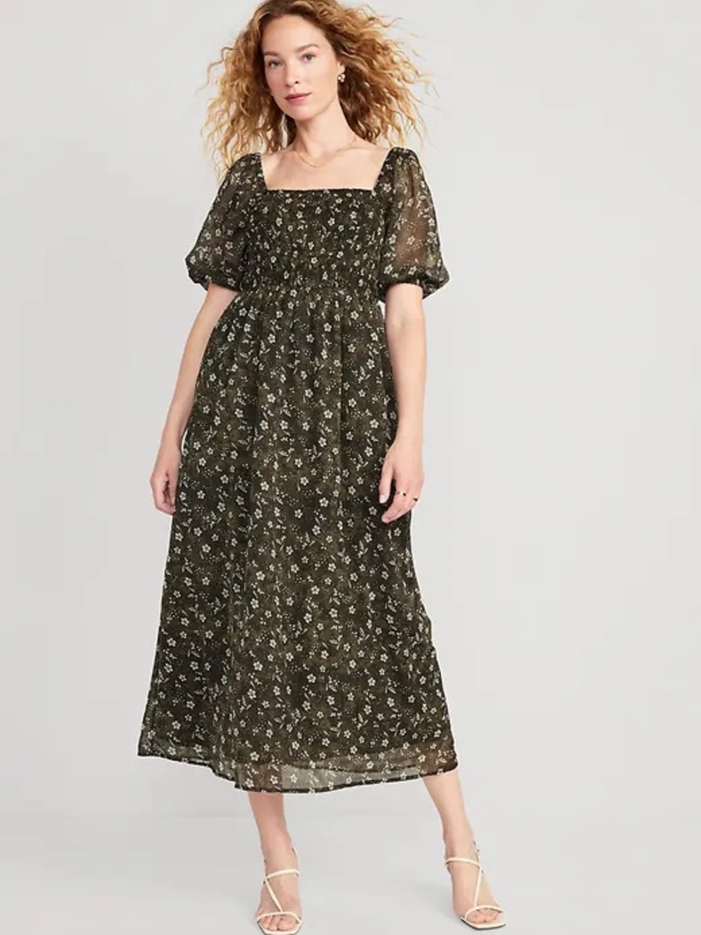 Olive Dark Green Floral Fit and Flare Maxi Dress